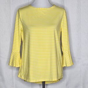 Coolibar Iris Yellow Striped Ruffle Sleeve UPF 50+ Cotton Blend Knit Blouse